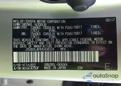 2017 Toyota 4Runner Sr5 Premium z USA, uszkodzony, nr VIN JTEBU5JR9H5438324